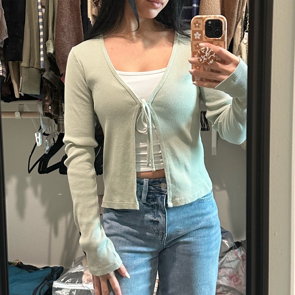 Brandy Melville Sage Green Tie-Front Long Sleeve Top